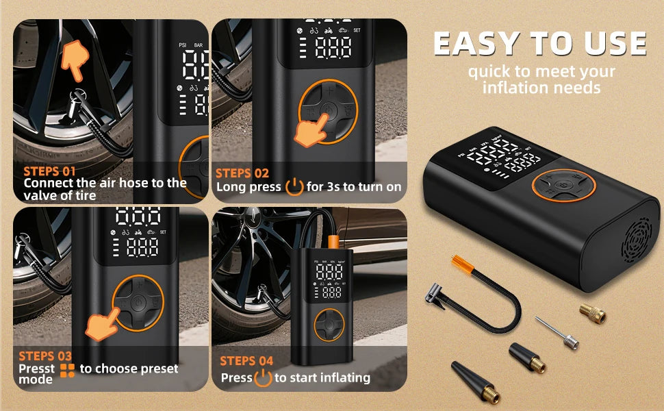 A portable electric air pump kit shown in various steps demonstrating how to connect the hose, turn on, and start inflating a