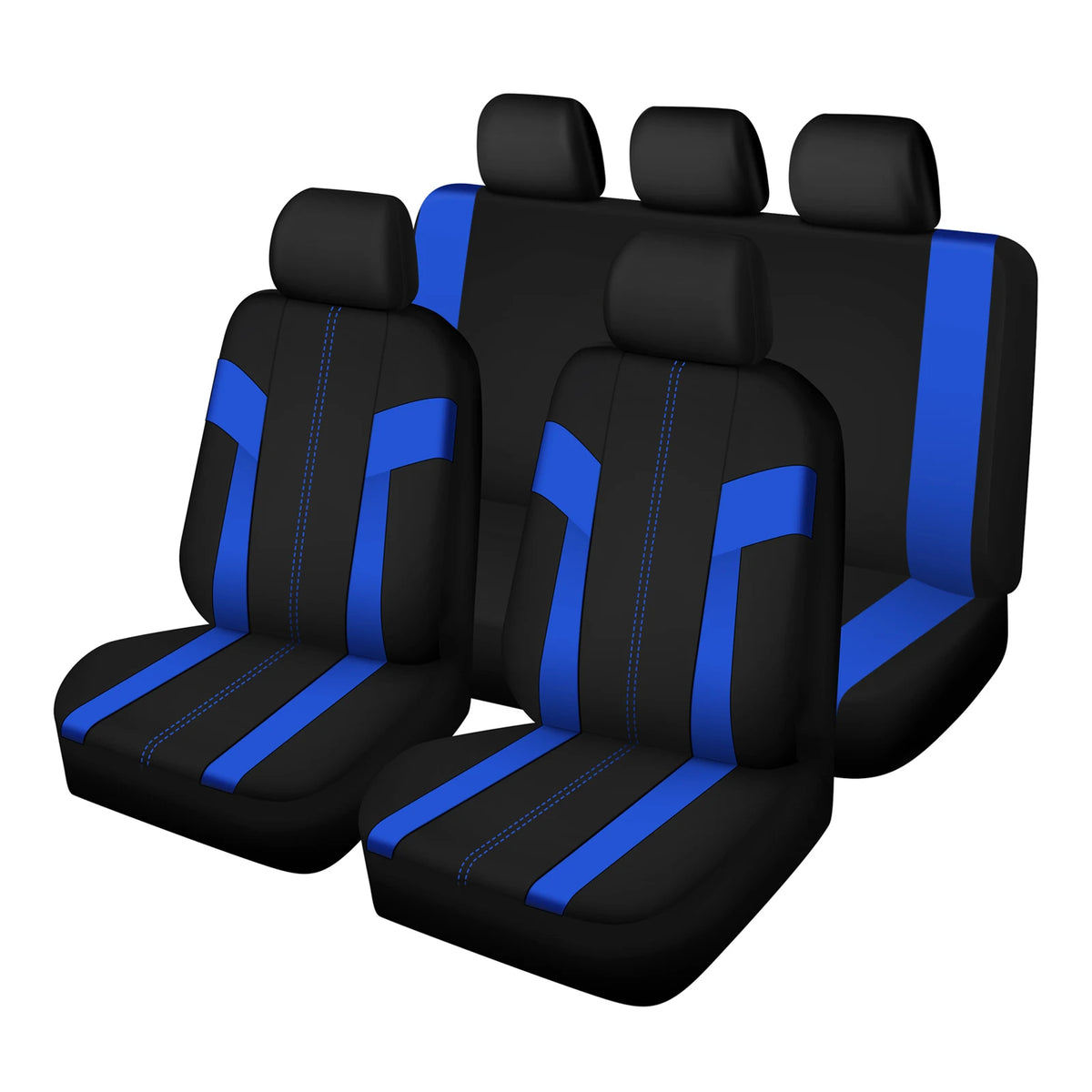 Un ensemble de quatre housses universelles pour siège de voiture en polyester noir et bleu, alignées.