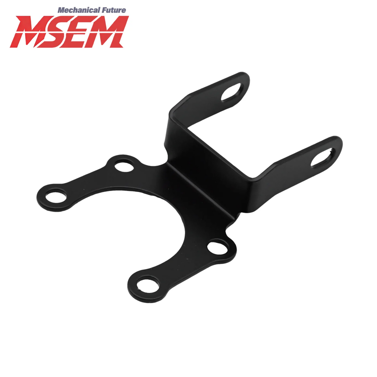 Black motorcycle ebike headlight mounting bracket for securing lights.