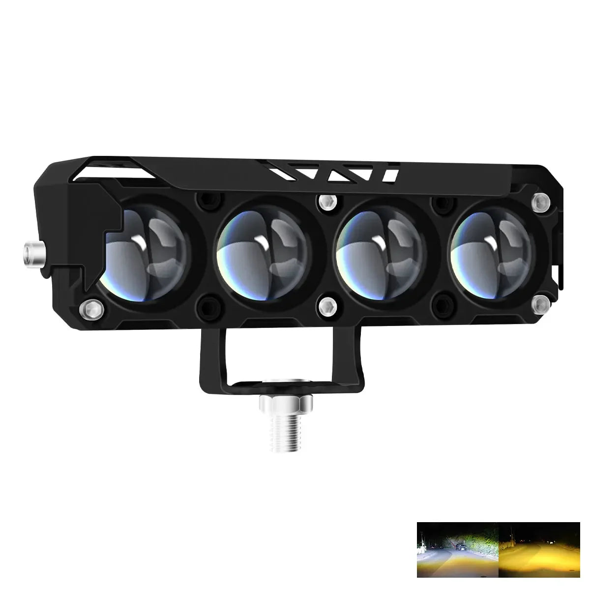 Black LED off-road spotlight headlight with four circular lenses and a mounting bracket