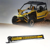A yellow off-road vehicle is driving through dust with an ultra bright LED light bar mounted on the front.