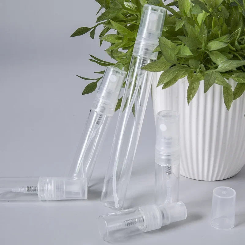 A set of clear glass perfume bottles with pump dispensers displayed in front of a potted green plant.