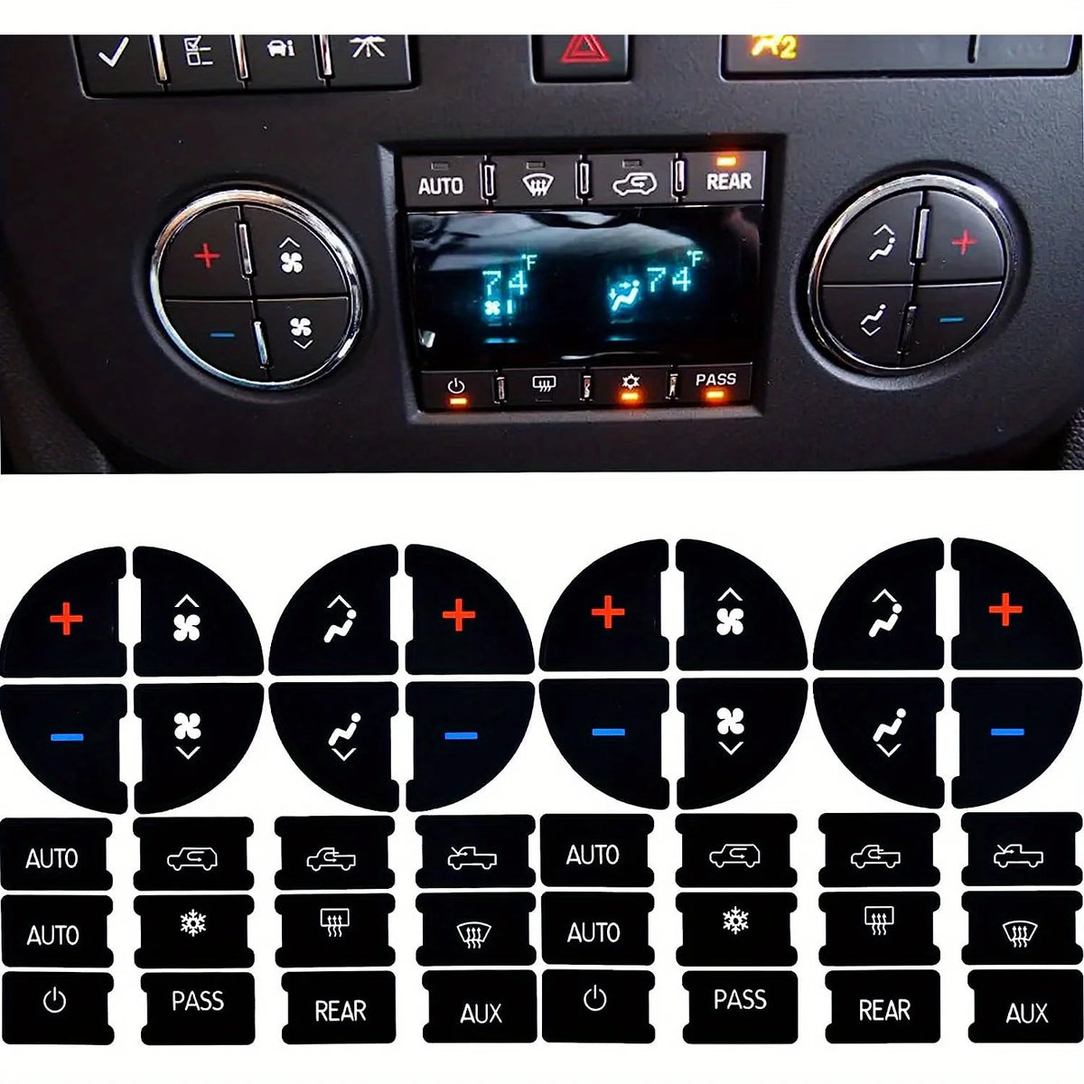 A set of black buttons and decals for AC control systems in select GM vehicles.