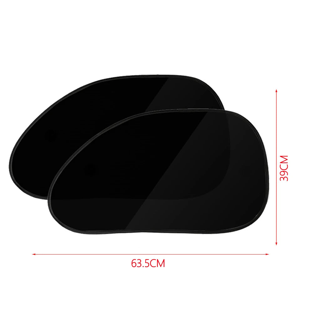 A pair of black dual car sun shades showing their size and thickness.
