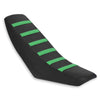 Black motorbike seat cover with bright green stripes shown from the side.