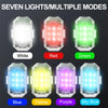 Seven light modes of a wireless LED strobe light including white, red, green, blue, yellow, purple, and sky blue.