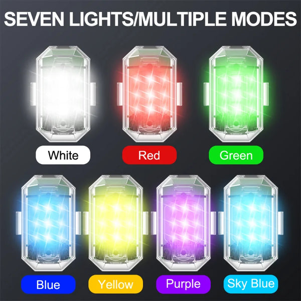 Siete modos de luz de un estroboscopio LED inalámbrico, incluyendo blanco, rojo, verde, azul, amarillo, púrpura y azul cielo.