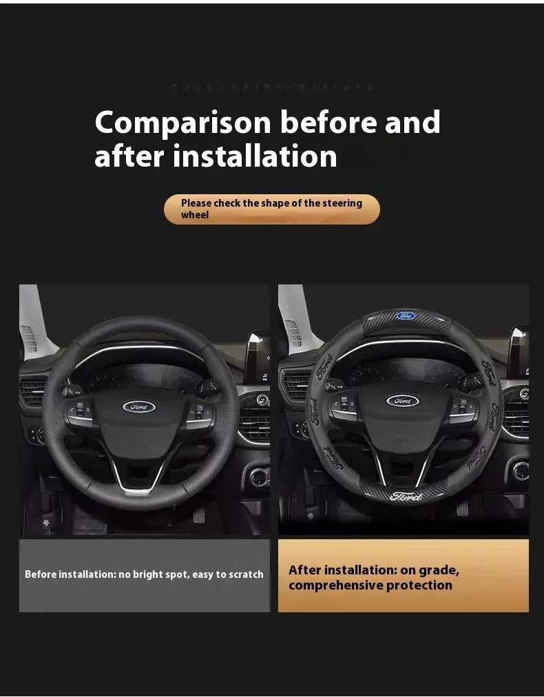 Comparison showing a Ford steering wheel before and after installation with carbon fiber protection.