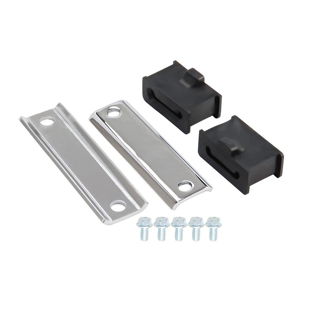 Chrome and black muffler hanger bracket kit for Harley touring models including brackets and bolts