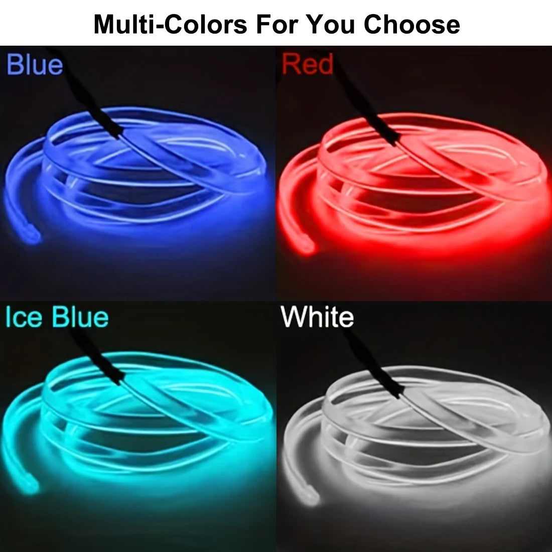 Four examples of multi-colored flexible USB EL wire ambient light strips: Blue, Red, Ice Blue, and White.