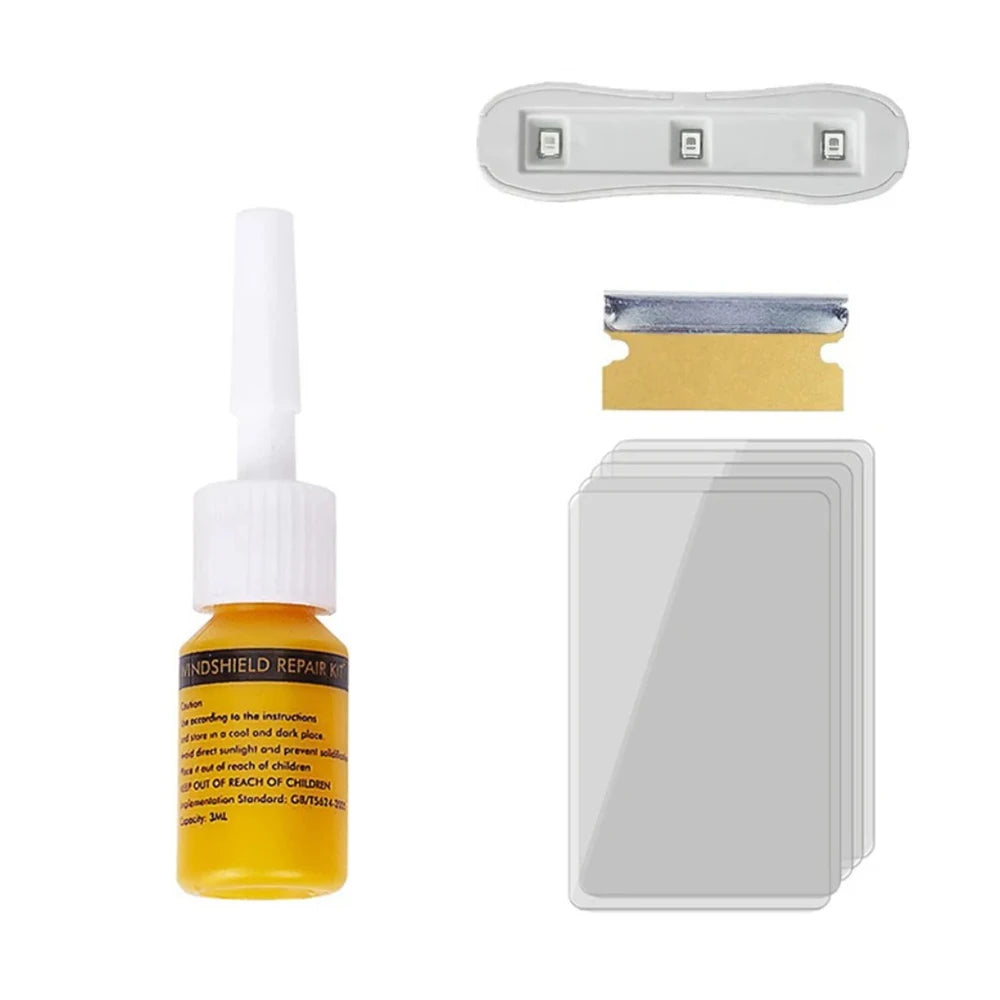 A professional windshield repair kit showing a bottle of adhesive, a yellow sheet, and a clear plastic repair plate.