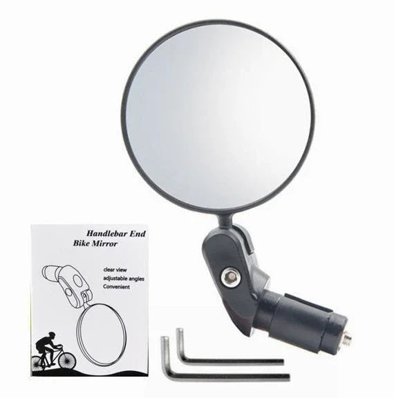 A round handlebar end bike mirror with adjustable angles for motorcycle rearview use.