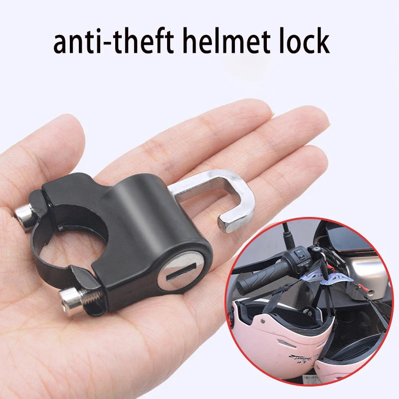 A black anti-theft helmet lock is shown being held in a hand, with an inset showing it securing a motorcycle helmet.