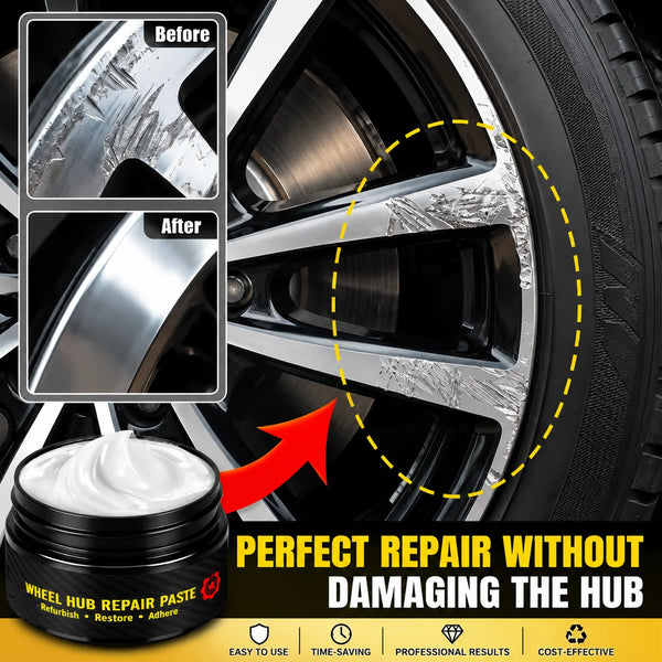 A tube of wheel hub repair paste is shown next to a close-up comparison of scratched and repaired wheel rim surfaces.