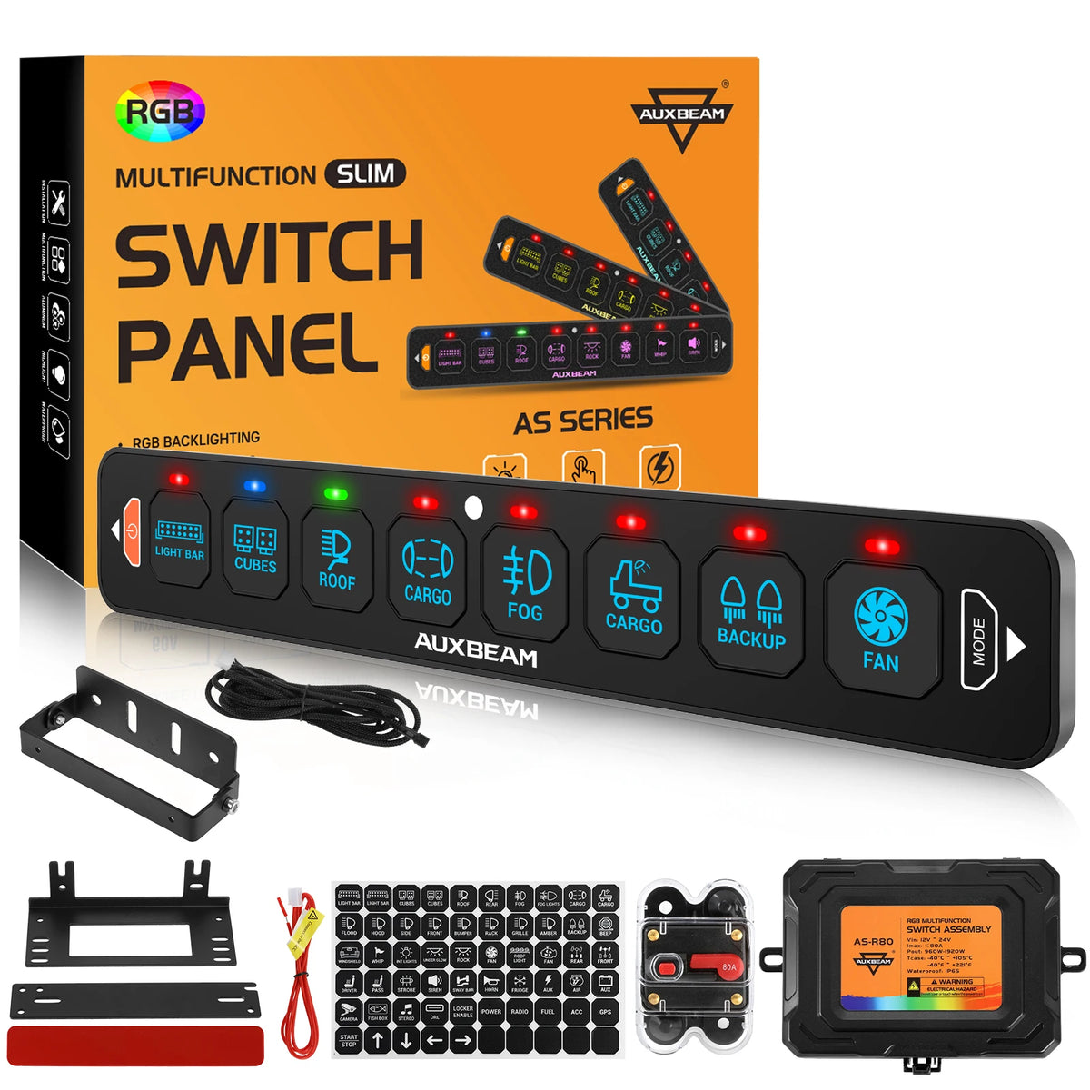 An AUXBEAM RGB Slim Switch Panel with various function buttons and a wireless remote control.