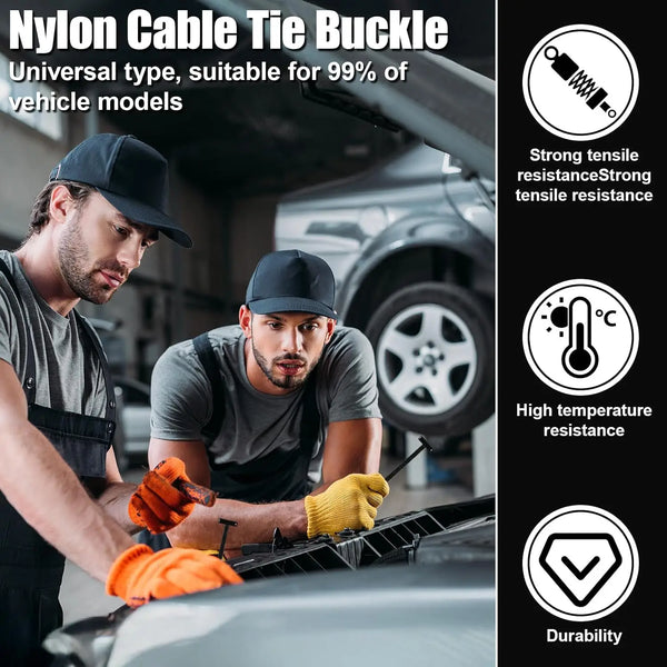 A man is using a nylon cable tie buckle on a vehicle, demonstrating its strong tensile resistance and durability.