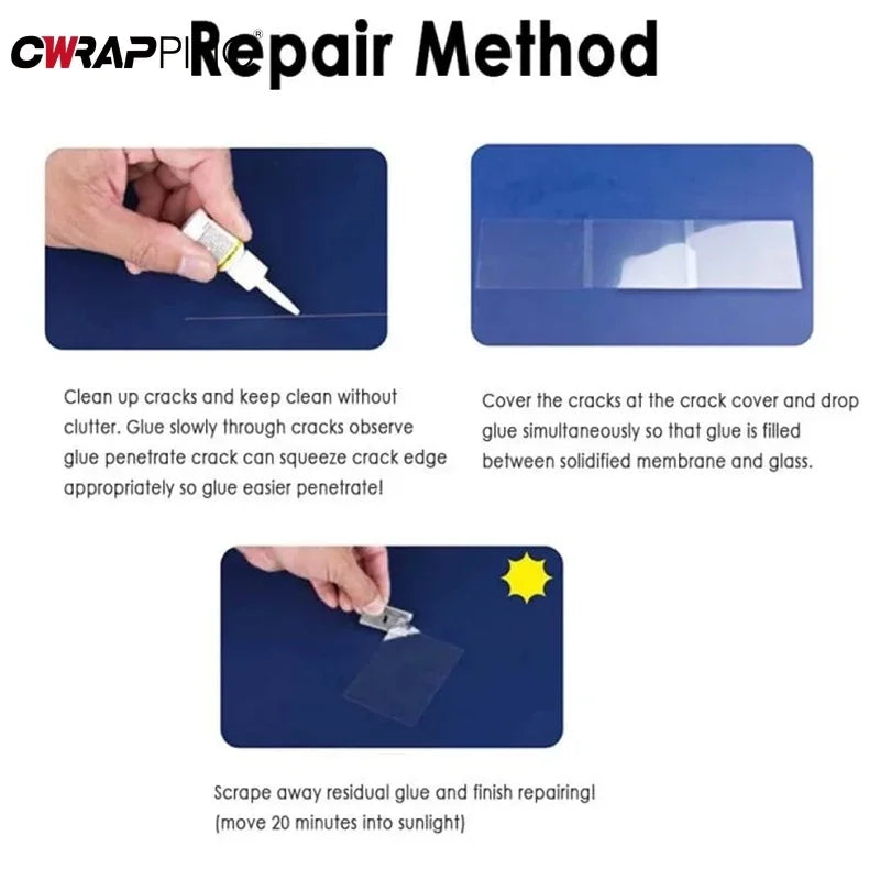 A hand applies glue to a crack in glass, followed by covering the crack and scraping away residual glue for repair.
