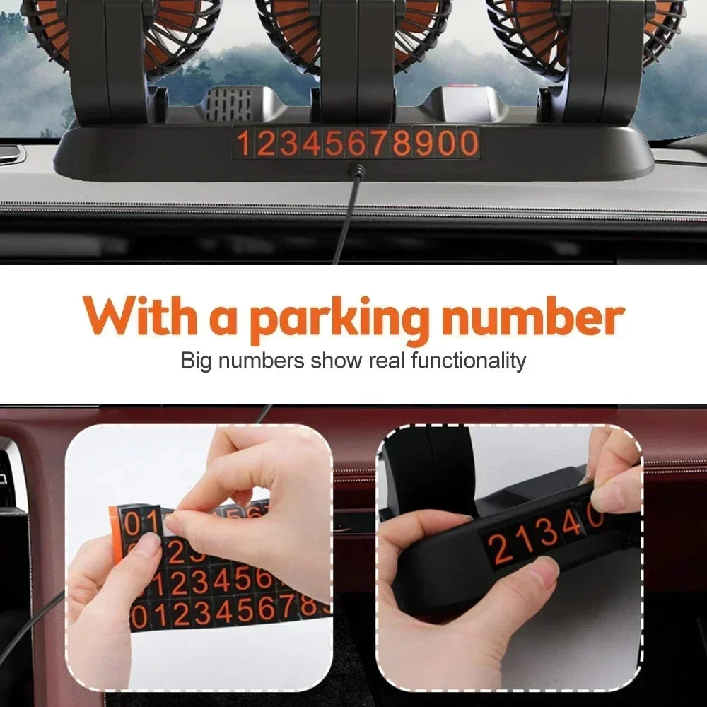 A close-up of a car vent fan with a parking number display showing functionality.
