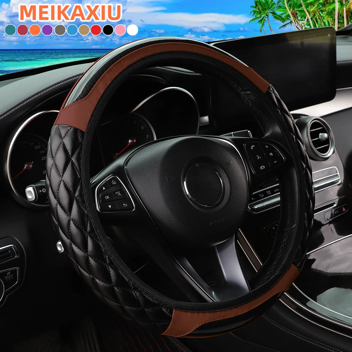 A close-up view of a black leather steering wheel with a brown carbon fiber cover installed in a car interior.