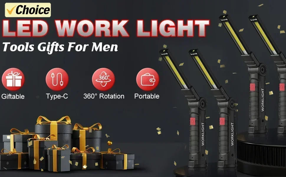 A set of black LED work lights and gift boxes are displayed, highlighting the foldable magnetic flashlight tools for men.