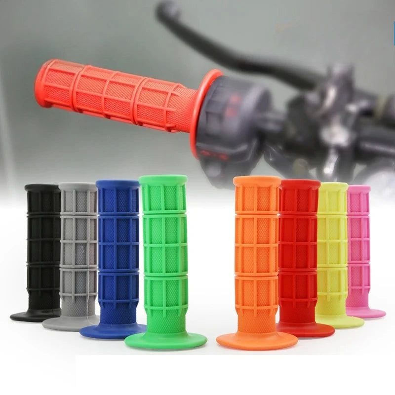A collection of brightly colored silicone handle bar grips in various shades including orange, green, blue, and pink.