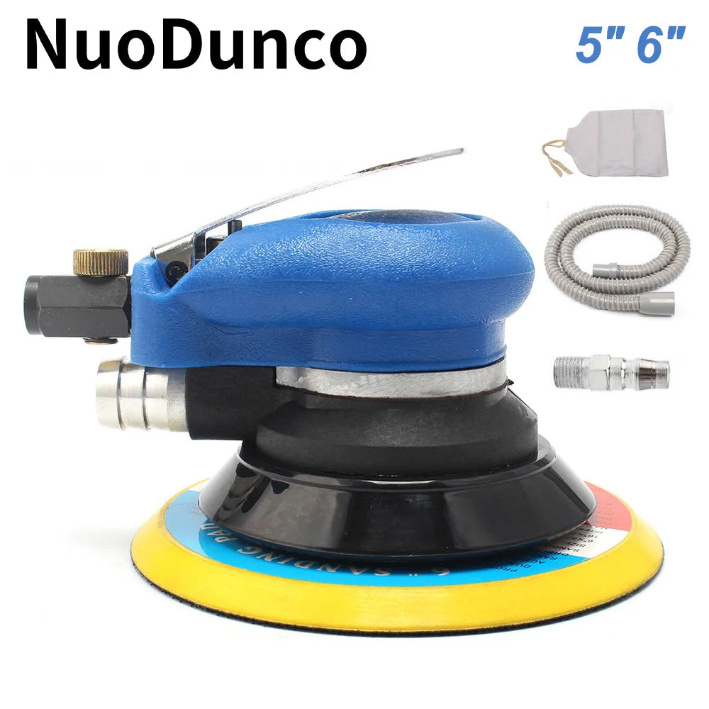 Blue pneumatic orbital sander with yellow base and accessories shown on a white background.