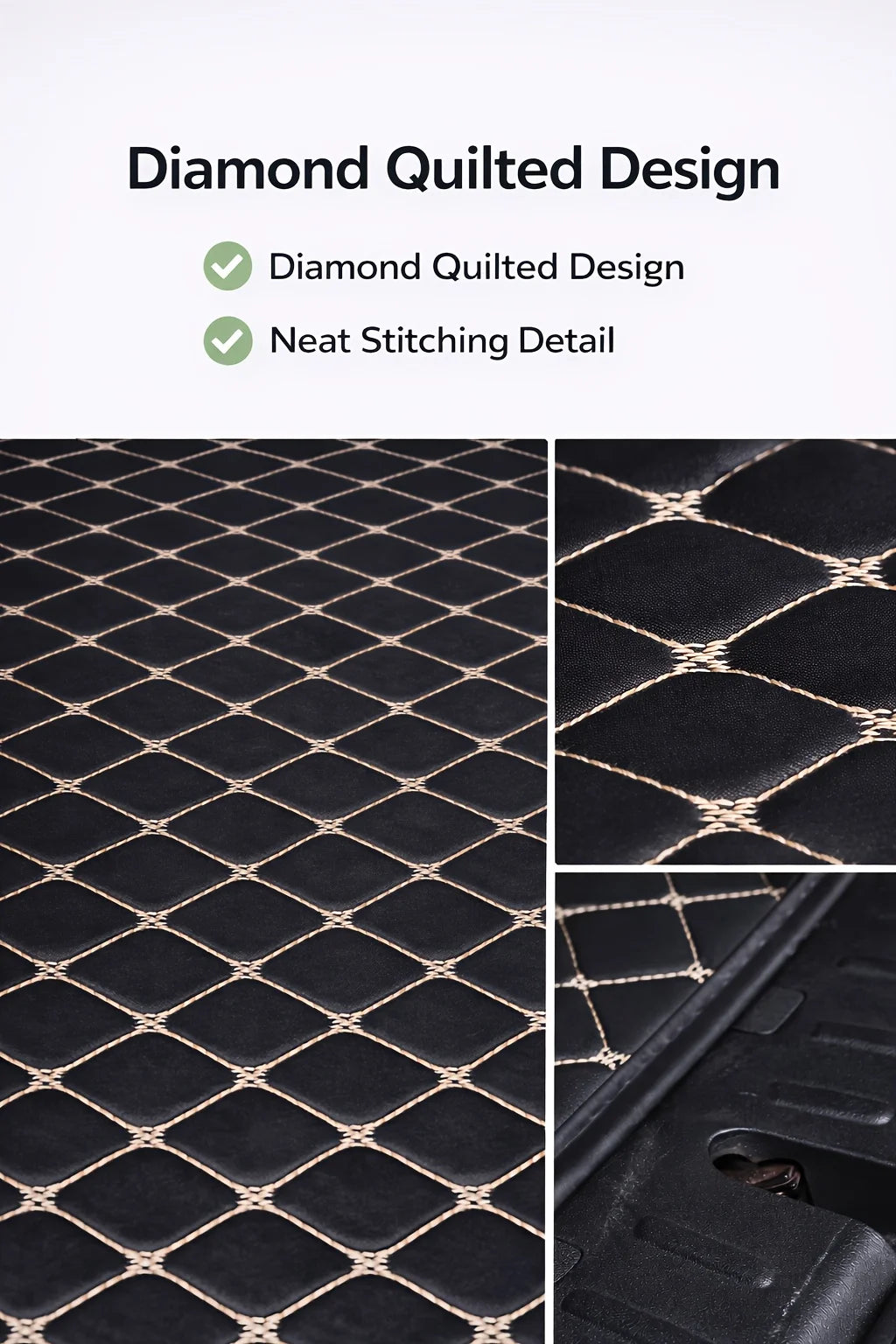 Close-up view of a black diamond quilted pattern on a car trunk mat.