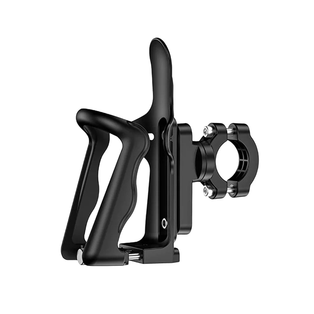 A black adjustable motorcycle drink holder clamp with a bottle mount.