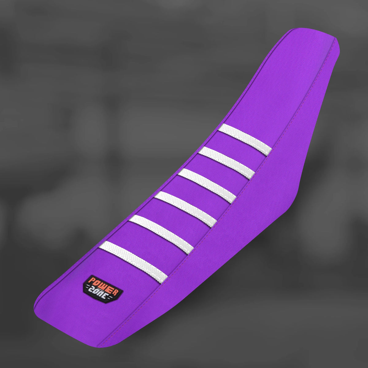 A purple universal motorcycle seat cover with white stripes, shown from the side.