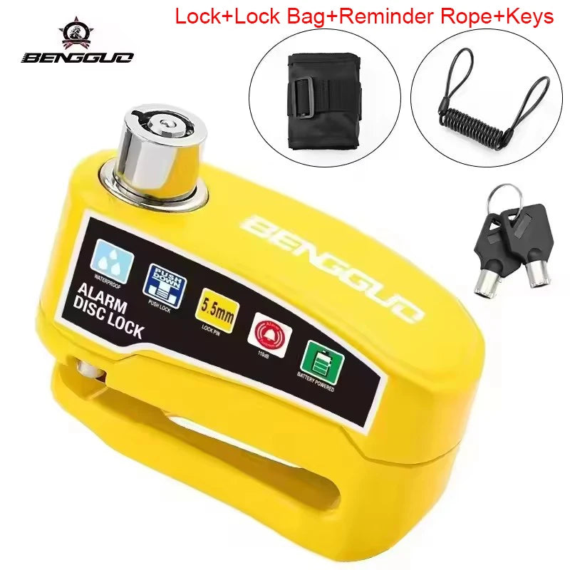 Yellow lock box featuring a disc brake lock, reminder rope, and keys for motorcycle security.