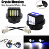 A set of non-dynamic white and blue crystal housing LED license plate lights for vehicles.
