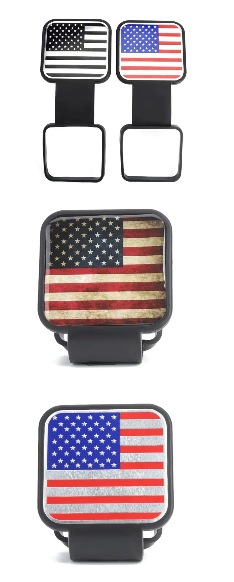 Black and red American flag universal trailer hitch cover in two styles