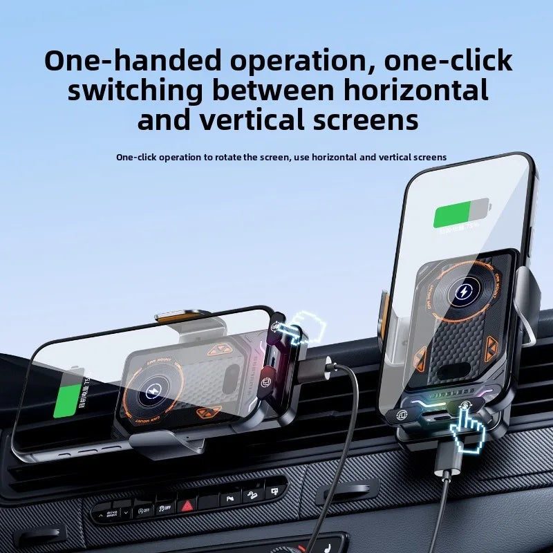 Transparente Handyhalterung für das Auto mit Smartphone, demonstriert eine Einhandbedienung beim Wechsel zwischen horizontal