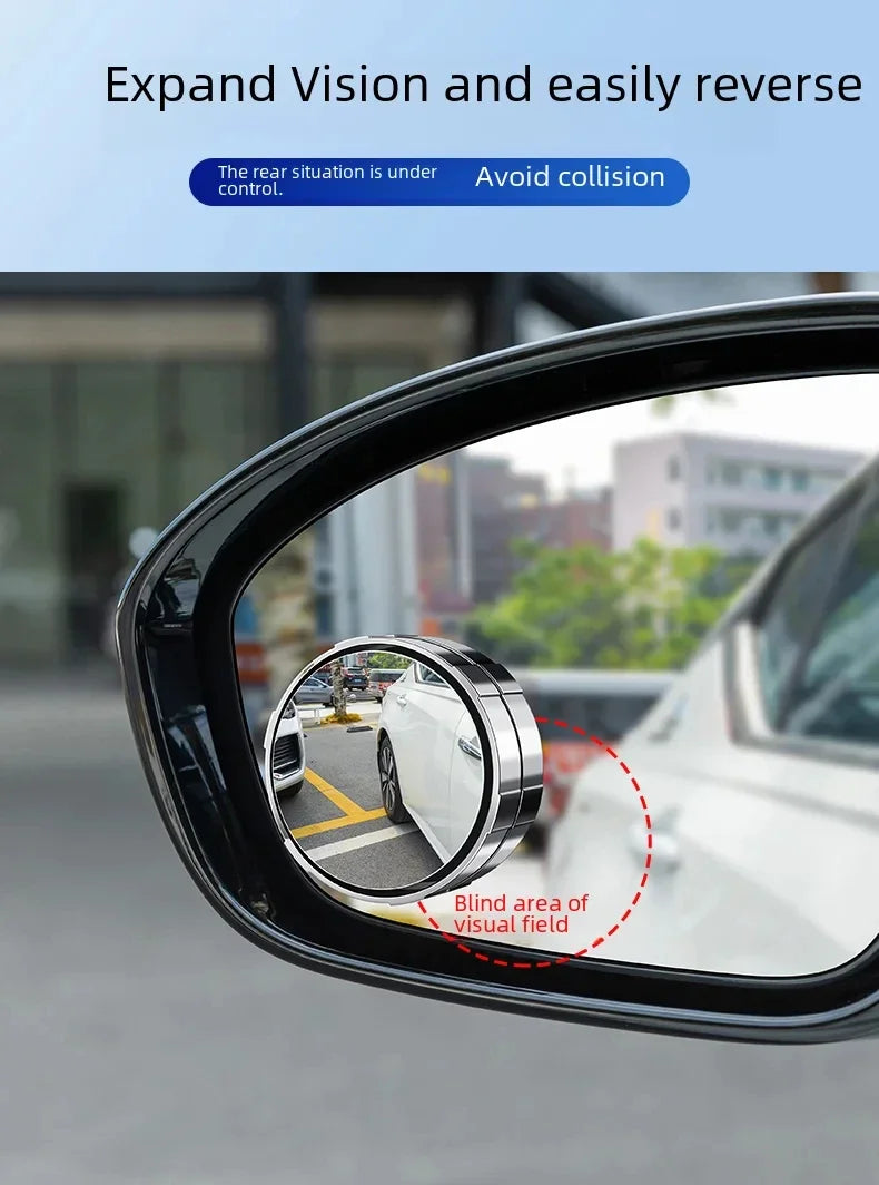 A close-up view of a car's side mirror showing a blind spot area, demonstrating the function of a 360° rotating suction cup m