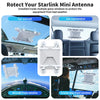 Various installations of a portable suction mount for Starlink Mini antennas inside car windows and aircraft windows.