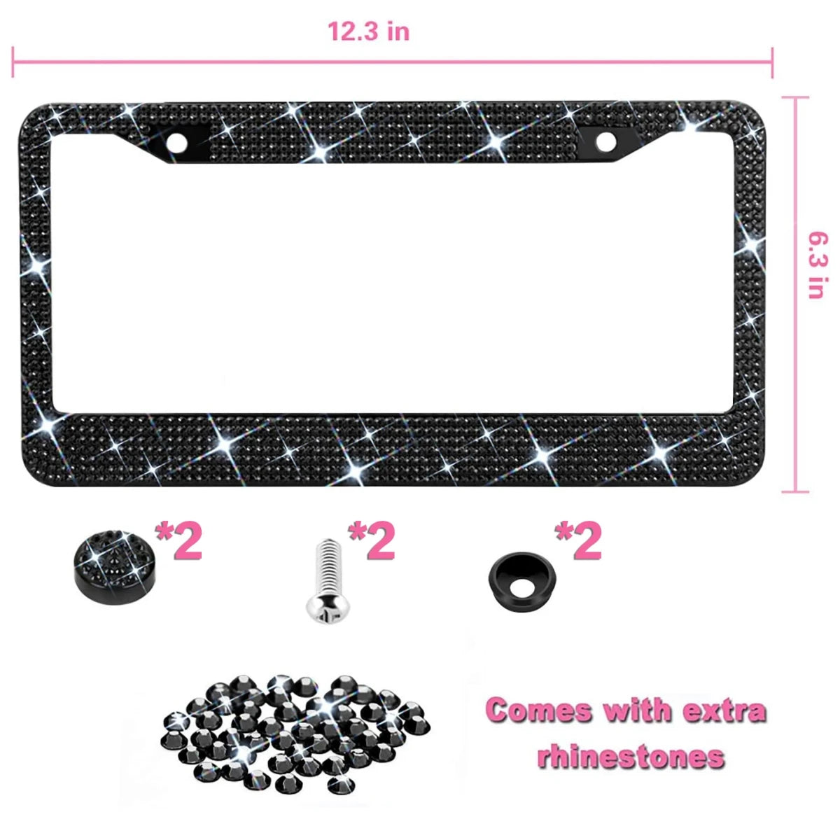 Black diamond rhinestone license plate frame with mounting hardware and extra rhinestones