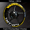 Yellow and white reflective decals on a motorcycle wheel for the Yamaha MT-07.