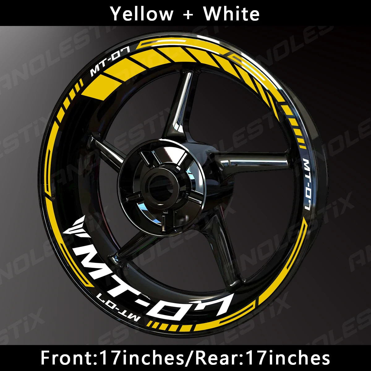 Yellow and white reflective decals on a motorcycle wheel for the Yamaha MT-07.
