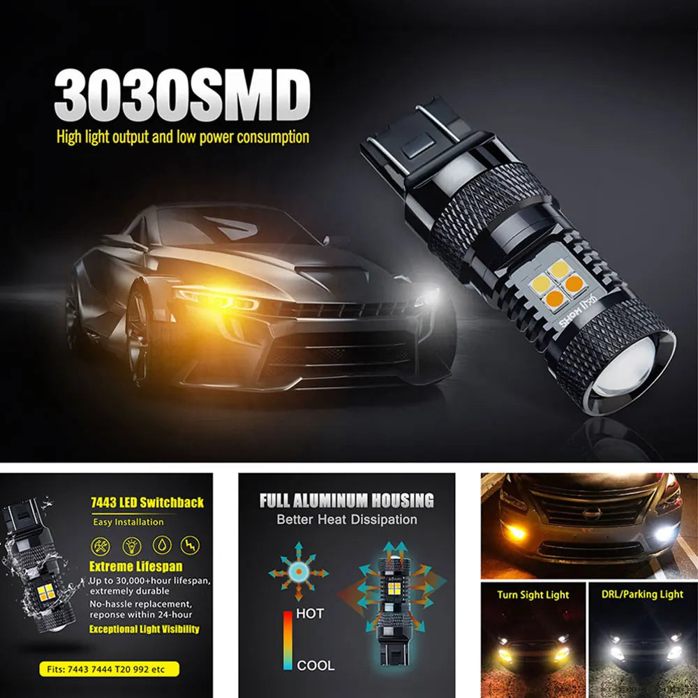لقطة مقربة لمصباح LED عالي الإضاءة من نوع 3030SMD، مصمم لإضاءة المركبات.