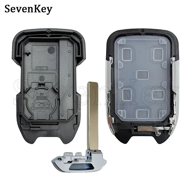 Replacement smart key fob shell for Chevrolet/GMC SUVs shown with the internal component and a metal key blade.