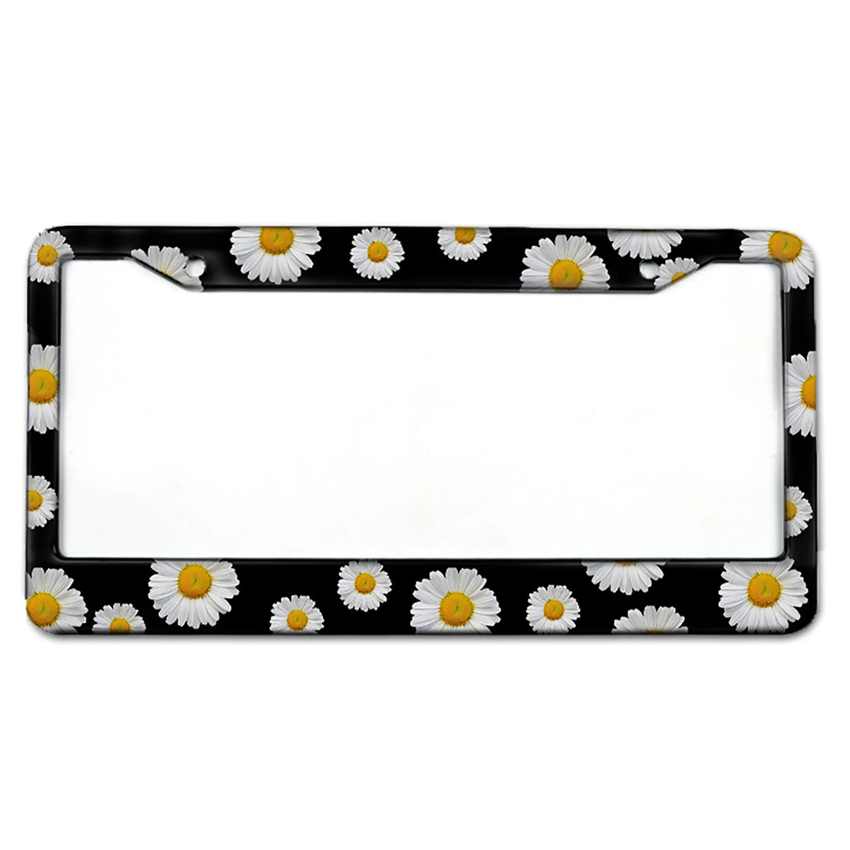 Black and white daisy patterned aluminum license plate frame for US cars