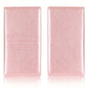 A pink leather card holder wallet with a debossed car silhouette and stitching.