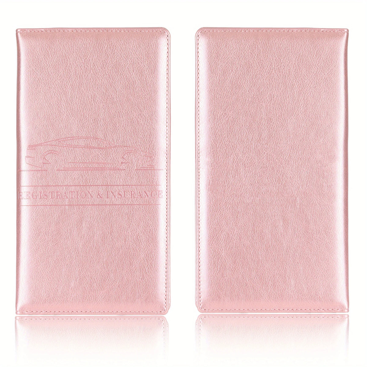 A pink leather card holder wallet with a debossed car silhouette and stitching.