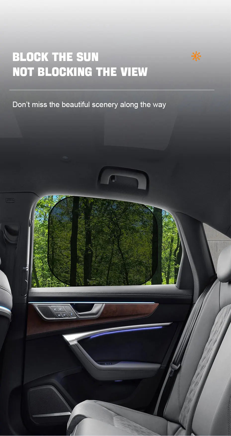 Interior view of a car showing a side window with a sunshade installed, emphasizing the view outside.