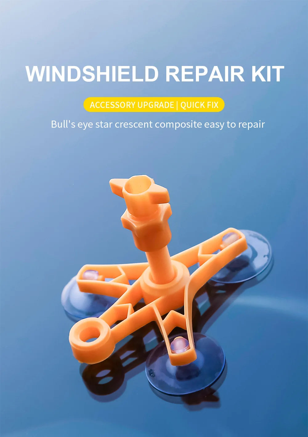 An orange windshield repair kit with adhesive components is shown against a blue background.