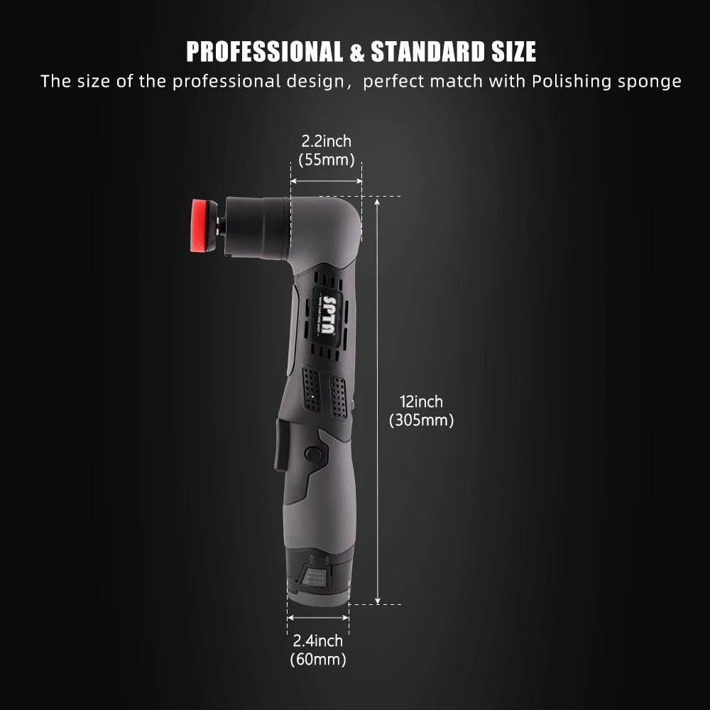 A cordless mini car detail polisher tool shown in a vertical view with dimensions labeled.
