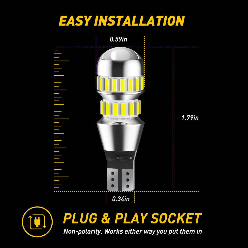 Vista cercana de una bombilla LED de 12V para luces de reversa y respaldo de coche, mostrando sus dimensiones de instalación.