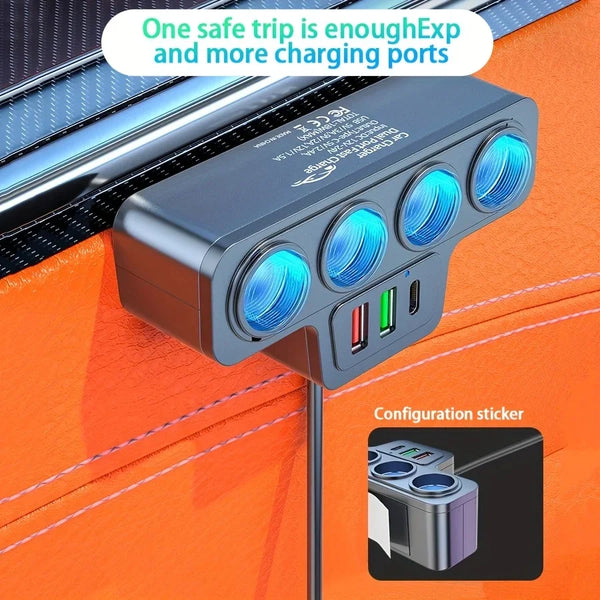 A multi-port DC car charger adapter with five charging ports is shown plugged into an orange surface.