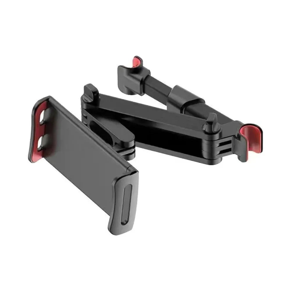 Black universal rotating car headrest phone and tablet mount with red accents
