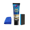 A tube of car scratch and swirl remover polish with a blue and purple label and a black applicator pad.